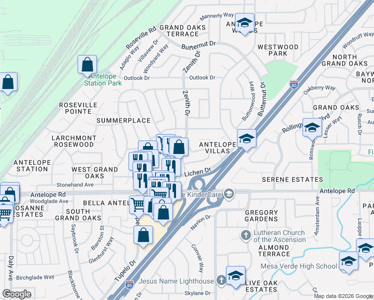map of restaurants, bars, coffee shops, grocery stores, and more near 6605 Posten Way in Citrus Heights