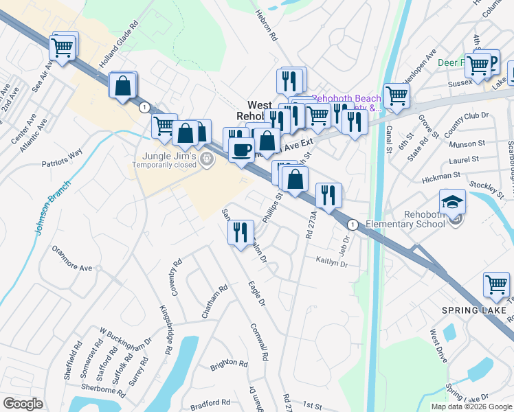 map of restaurants, bars, coffee shops, grocery stores, and more near 24 Rehoboth Beach Gardens in Rehoboth Beach