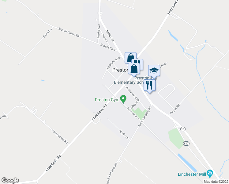 map of restaurants, bars, coffee shops, grocery stores, and more near 128 Maple Avenue in Preston