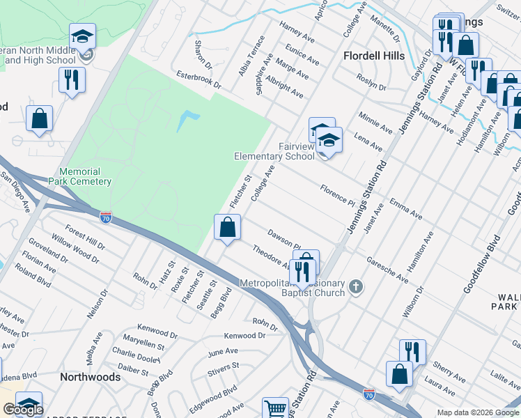 map of restaurants, bars, coffee shops, grocery stores, and more near 7160 Garesche Avenue in Jennings