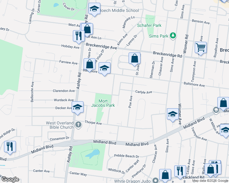 map of restaurants, bars, coffee shops, grocery stores, and more near 2906 Krem Avenue in Overland