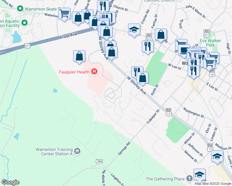 map of restaurants, bars, coffee shops, grocery stores, and more near 12 Quarterpole Ct in Warrenton
