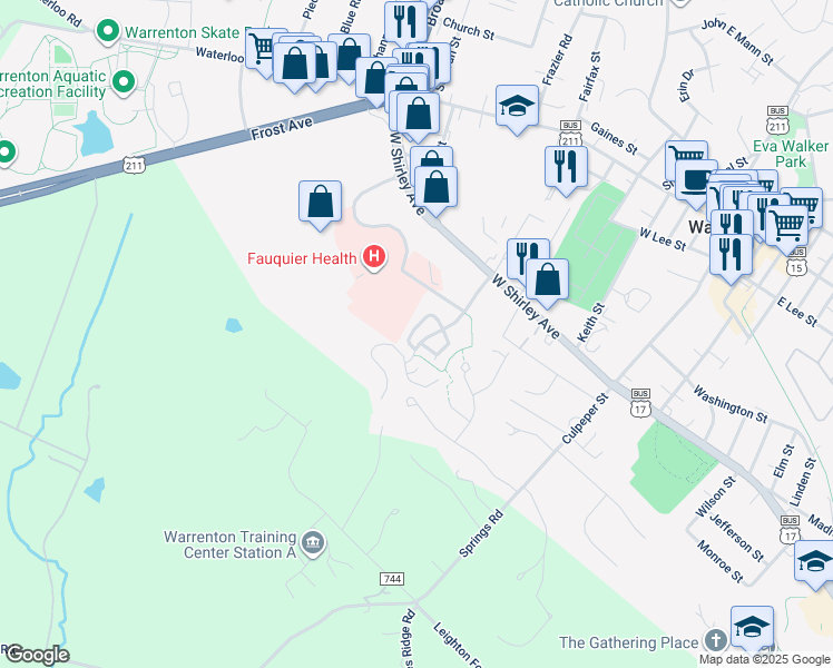 map of restaurants, bars, coffee shops, grocery stores, and more near 38 Sire Way in Warrenton
