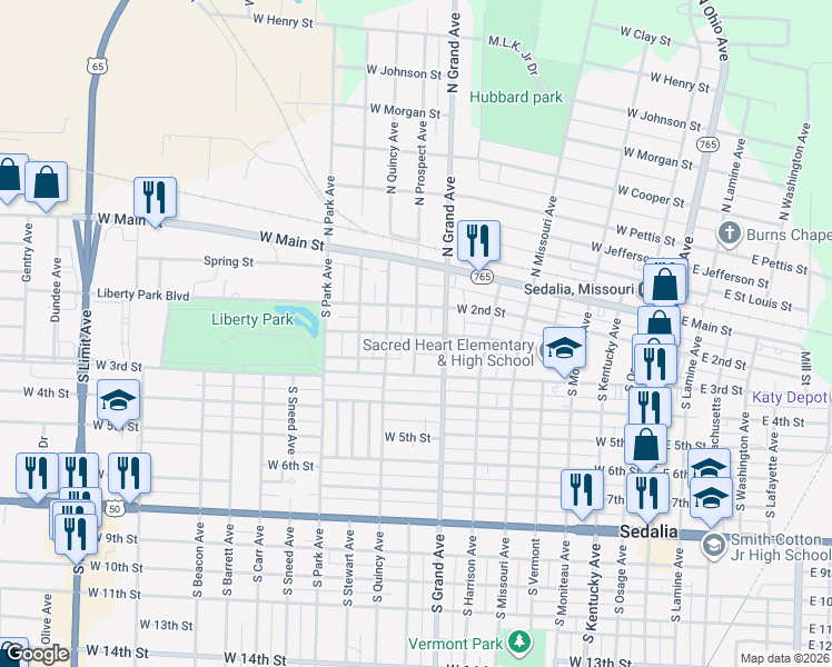 map of restaurants, bars, coffee shops, grocery stores, and more near 898 Wilkerson Street in Sedalia