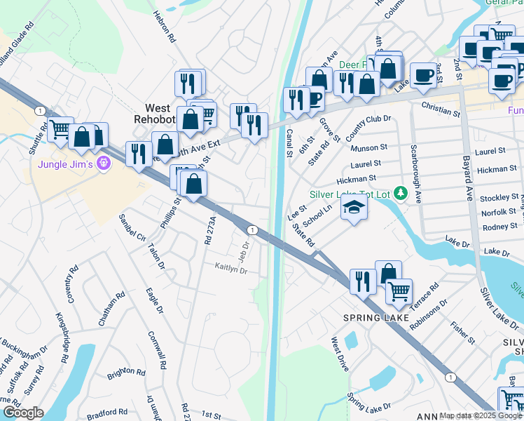map of restaurants, bars, coffee shops, grocery stores, and more near 37522 273 C Road in Rehoboth Beach