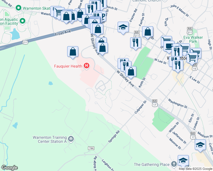 map of restaurants, bars, coffee shops, grocery stores, and more near 12 Quarterpole Court in Warrenton