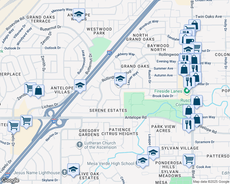 map of restaurants, bars, coffee shops, grocery stores, and more near 7901 Rosswood Drive in Citrus Heights