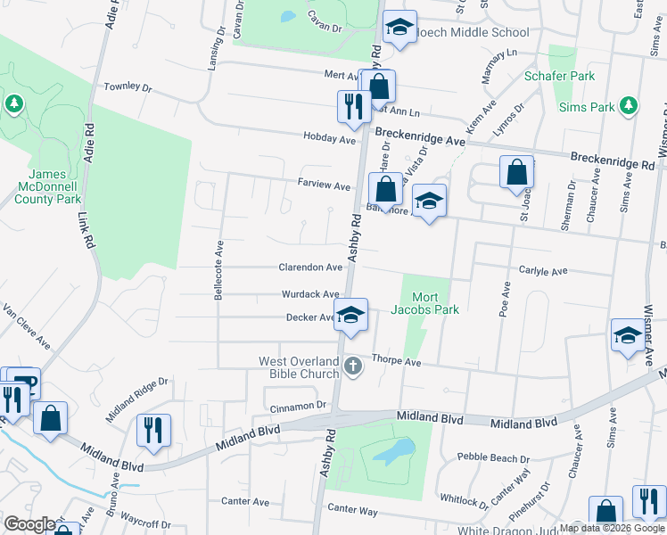 map of restaurants, bars, coffee shops, grocery stores, and more near 10521 Clarendon Avenue in St. Louis