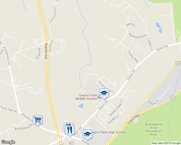 map of restaurants, bars, coffee shops, grocery stores, and more near 13110 Hampton Farm Lane in Brandywine