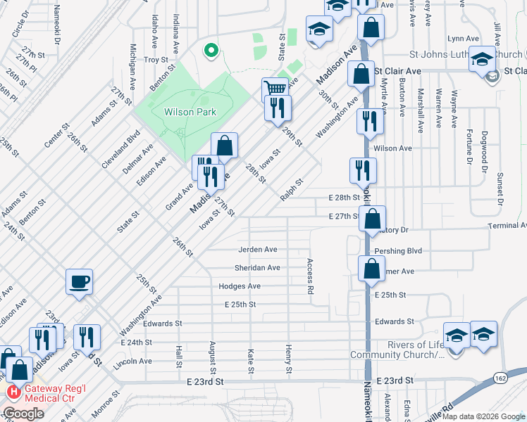 map of restaurants, bars, coffee shops, grocery stores, and more near 2736 Washington Avenue in Granite City