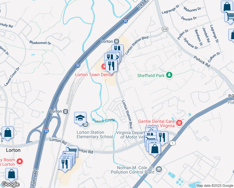 map of restaurants, bars, coffee shops, grocery stores, and more near 9050 Lorton Station Boulevard in Lorton