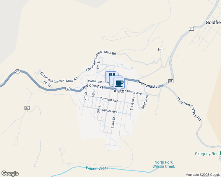 map of restaurants, bars, coffee shops, grocery stores, and more near Victor Ave & 4th St in Victor