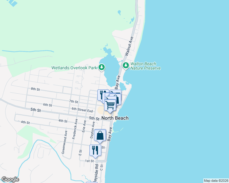 map of restaurants, bars, coffee shops, grocery stores, and more near 9304 Bay Avenue in North Beach