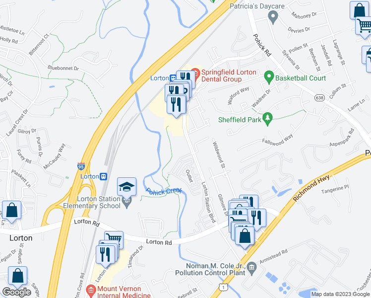 map of restaurants, bars, coffee shops, grocery stores, and more near 9052 Lorton Station Boulevard in Lorton