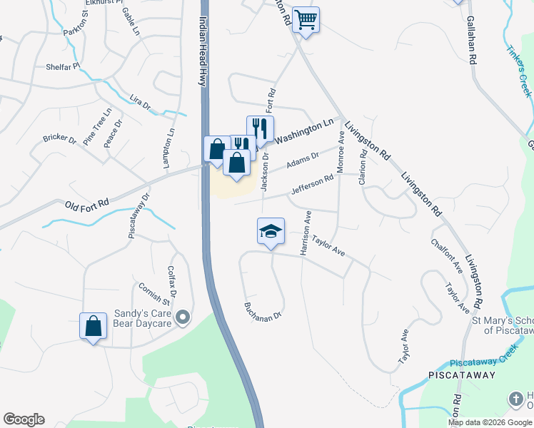 map of restaurants, bars, coffee shops, grocery stores, and more near 13004 Jackson Drive in Fort Washington