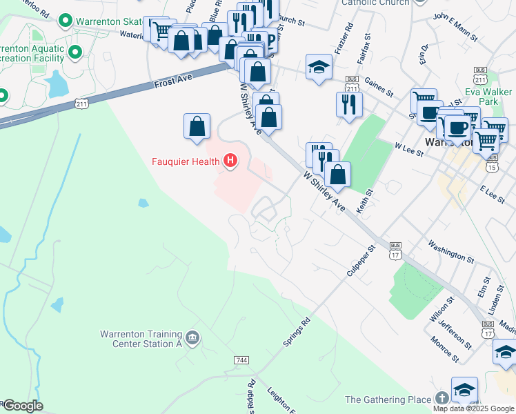 map of restaurants, bars, coffee shops, grocery stores, and more near 32 Sire Way in Warrenton