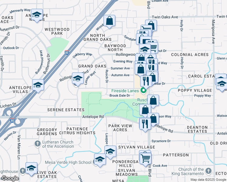 map of restaurants, bars, coffee shops, grocery stores, and more near 7400 Grand Oaks Boulevard in Citrus Heights