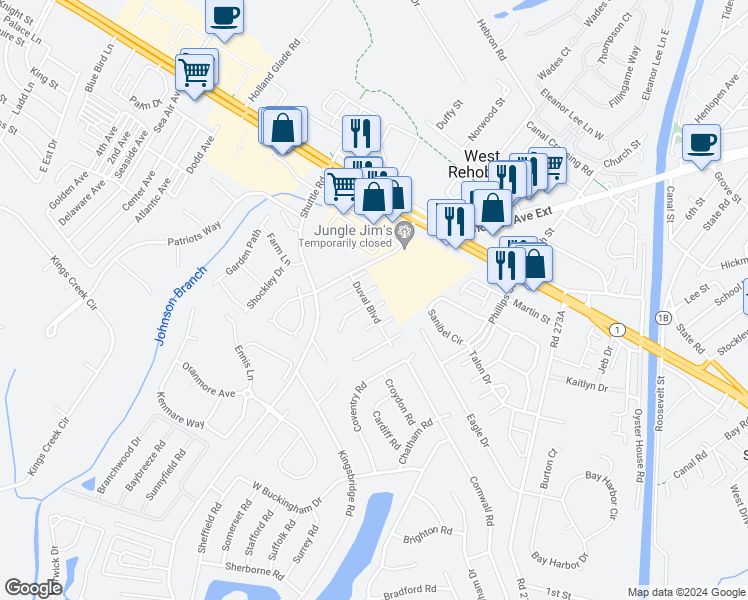 map of restaurants, bars, coffee shops, grocery stores, and more near 20218 Catherine Court in Rehoboth Beach