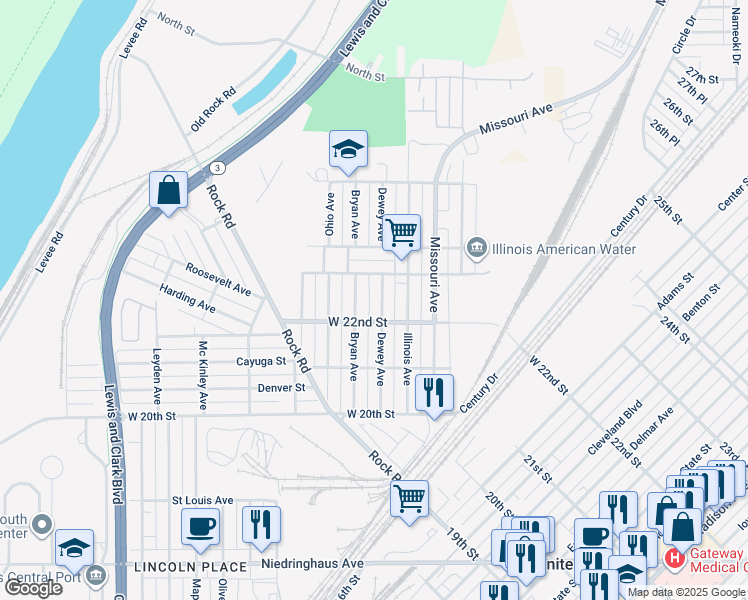 map of restaurants, bars, coffee shops, grocery stores, and more near 2222 Bryan Avenue in Granite City