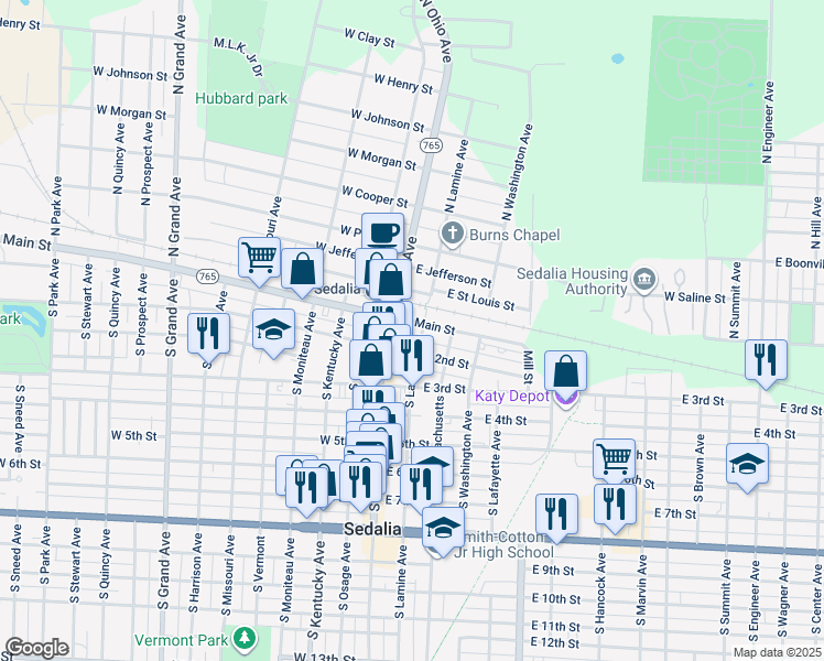 map of restaurants, bars, coffee shops, grocery stores, and more near 122 East Main Street in Sedalia