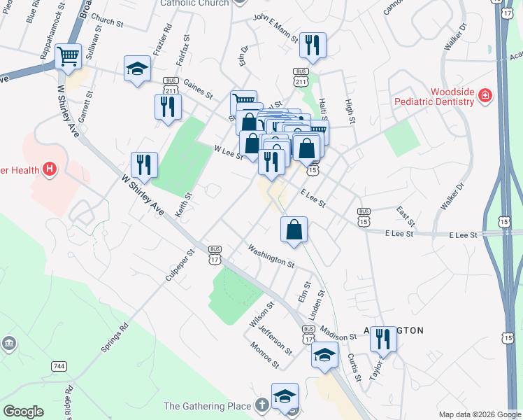 map of restaurants, bars, coffee shops, grocery stores, and more near 112 Green Street in Warrenton
