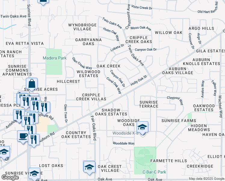 map of restaurants, bars, coffee shops, grocery stores, and more near 8145 Forest Oak Way in Citrus Heights