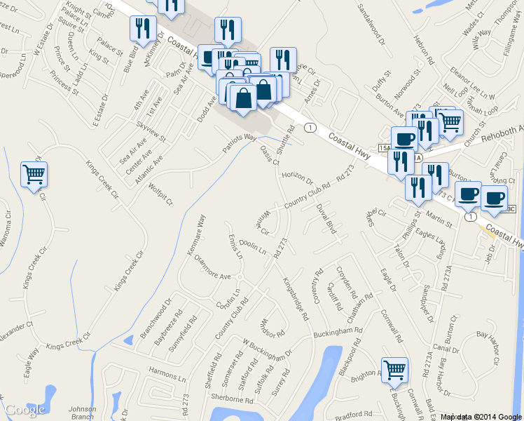 map of restaurants, bars, coffee shops, grocery stores, and more near 36776 Winner Circle in Rehoboth Beach