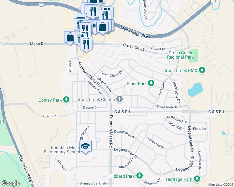 map of restaurants, bars, coffee shops, grocery stores, and more near 8359 Silver Glen Drive in Fountain