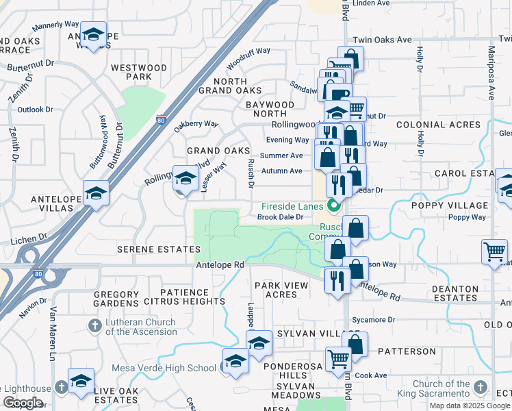 map of restaurants, bars, coffee shops, grocery stores, and more near 7400 Grand Oaks Boulevard in Citrus Heights