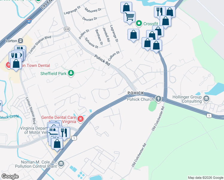 map of restaurants, bars, coffee shops, grocery stores, and more near 7459 Aspenpark Road in Lorton