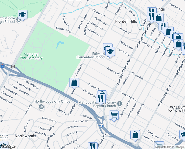 map of restaurants, bars, coffee shops, grocery stores, and more near 7141 Garesche Avenue in Jennings