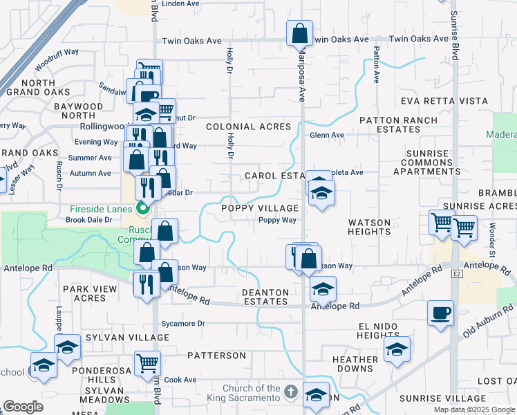 map of restaurants, bars, coffee shops, grocery stores, and more near 7939 Parmis Court in Citrus Heights