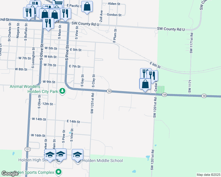 map of restaurants, bars, coffee shops, grocery stores, and more near 600 E 10th St in Holden