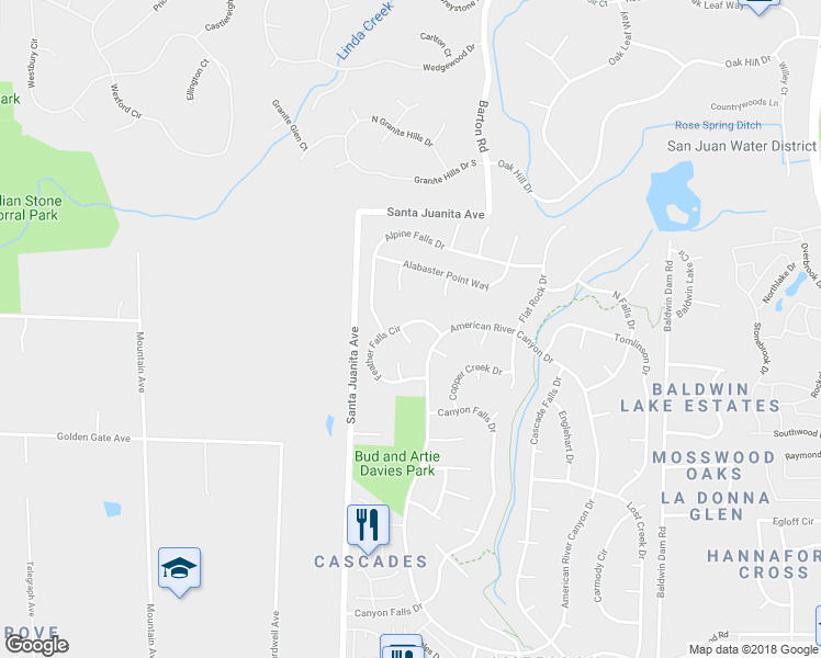 map of restaurants, bars, coffee shops, grocery stores, and more near 109 Feather Falls Circle in Folsom