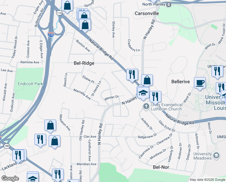 map of restaurants, bars, coffee shops, grocery stores, and more near 3246 Welsberg Drive in St. Louis