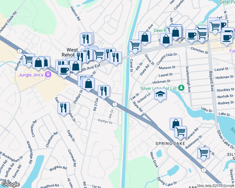 map of restaurants, bars, coffee shops, grocery stores, and more near 37522 273 C Road in Rehoboth Beach
