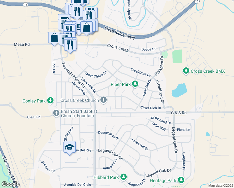 map of restaurants, bars, coffee shops, grocery stores, and more near 7323 Bentwater Drive in Fountain
