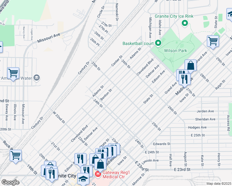 map of restaurants, bars, coffee shops, grocery stores, and more near 2455 Cleveland Boulevard in Granite City