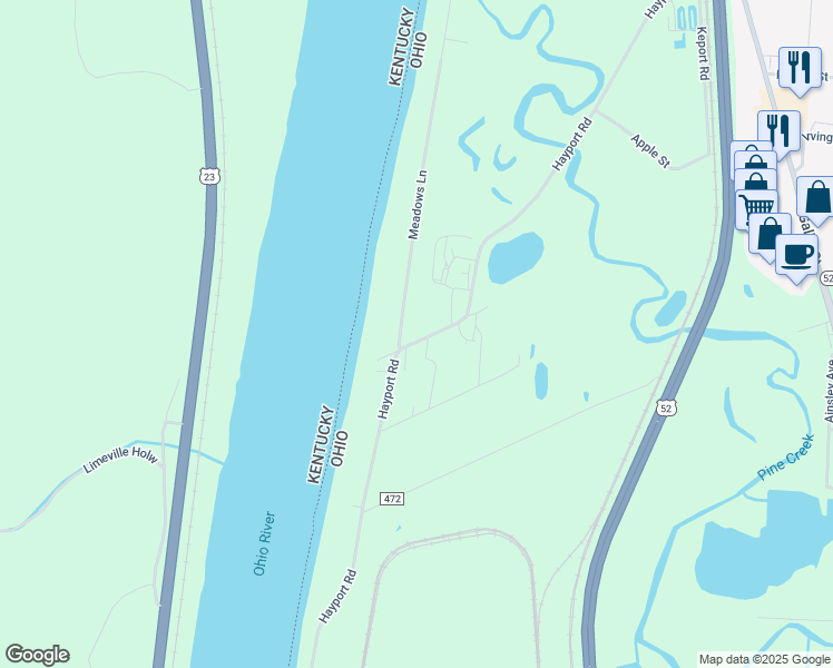 map of restaurants, bars, coffee shops, grocery stores, and more near 2071 Hayport Road in Wheelersburg