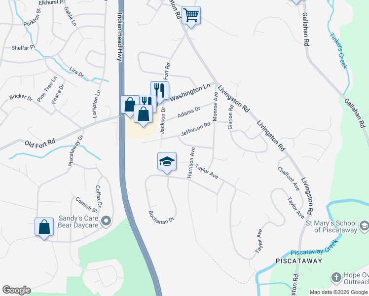 map of restaurants, bars, coffee shops, grocery stores, and more near 1307 Madison Drive in Fort Washington