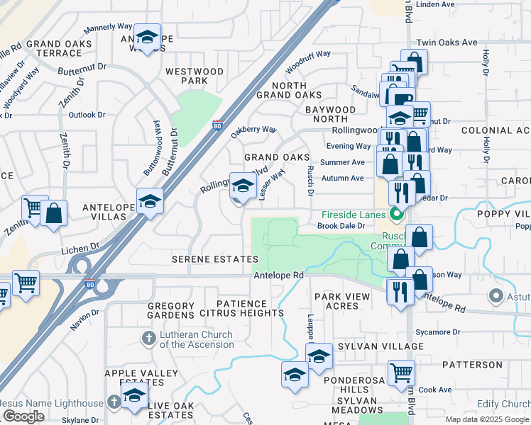 map of restaurants, bars, coffee shops, grocery stores, and more near 7316 Grand Oaks Boulevard in Citrus Heights
