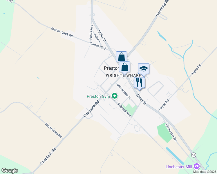 map of restaurants, bars, coffee shops, grocery stores, and more near 128 Maple Ave in Preston