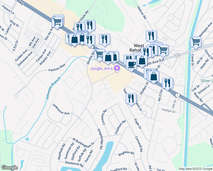 map of restaurants, bars, coffee shops, grocery stores, and more near 20218 Catherine Court in Rehoboth Beach