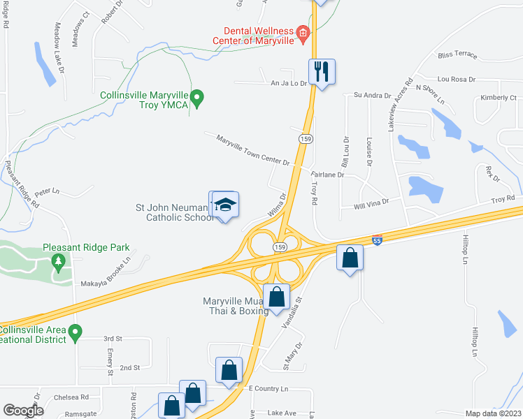 map of restaurants, bars, coffee shops, grocery stores, and more near 150 Wilma Drive in Maryville