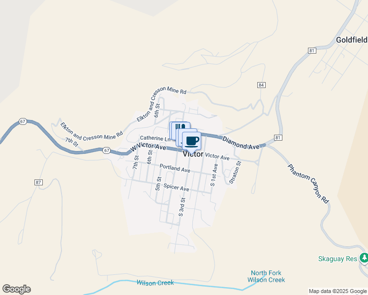 map of restaurants, bars, coffee shops, grocery stores, and more near 102 4th Street in Victor