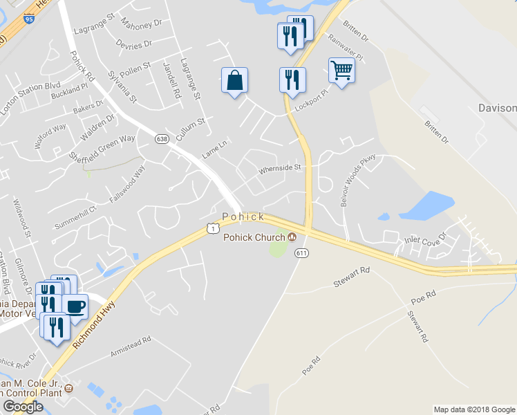 map of restaurants, bars, coffee shops, grocery stores, and more near 7364 Old Pohick Way in Lorton
