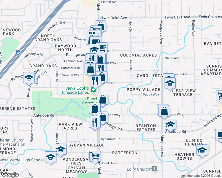 map of restaurants, bars, coffee shops, grocery stores, and more near 7545 Cripple Creek Road in Citrus Heights