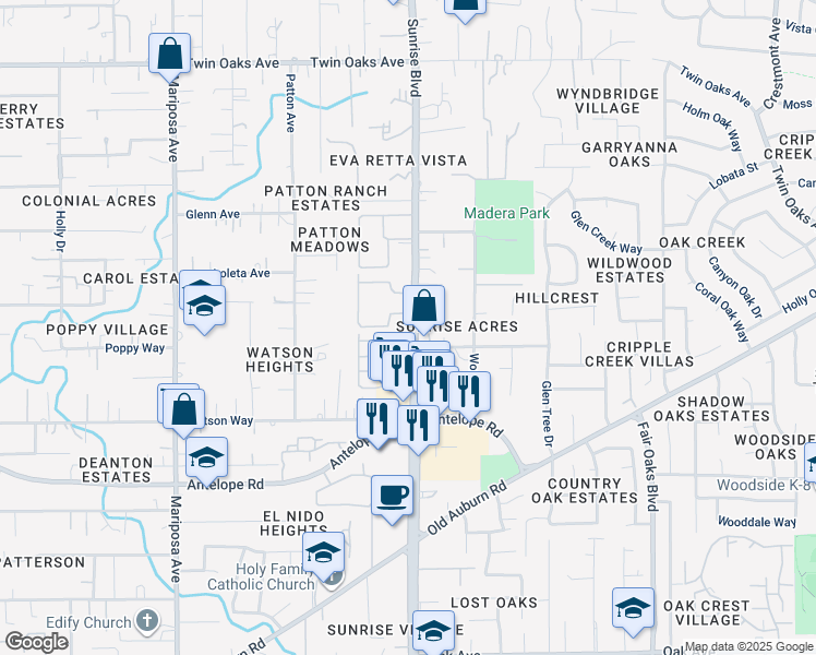 map of restaurants, bars, coffee shops, grocery stores, and more near 7828 Olivia Lane in Citrus Heights