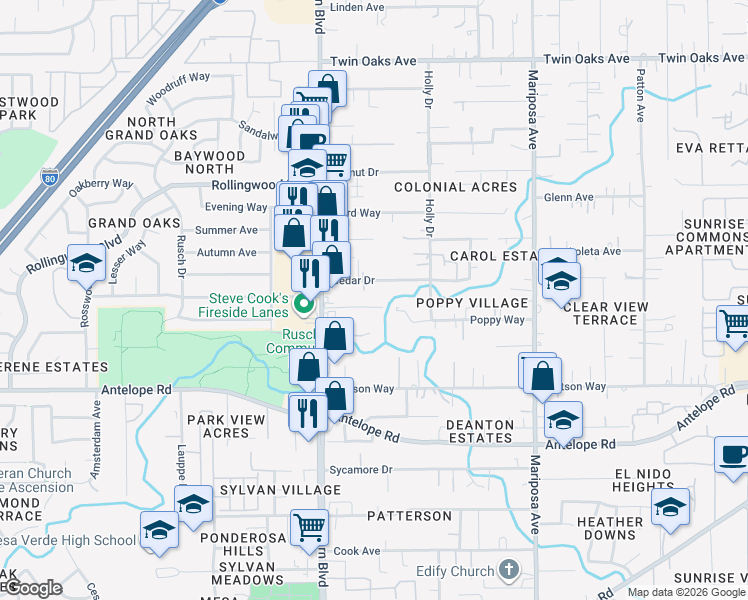 map of restaurants, bars, coffee shops, grocery stores, and more near 7545 Cripple Creek Road in Citrus Heights