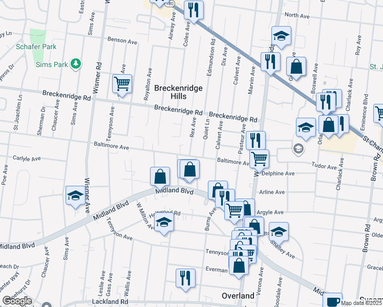 map of restaurants, bars, coffee shops, grocery stores, and more near 9535 Baltimore Avenue in Breckenridge Hills